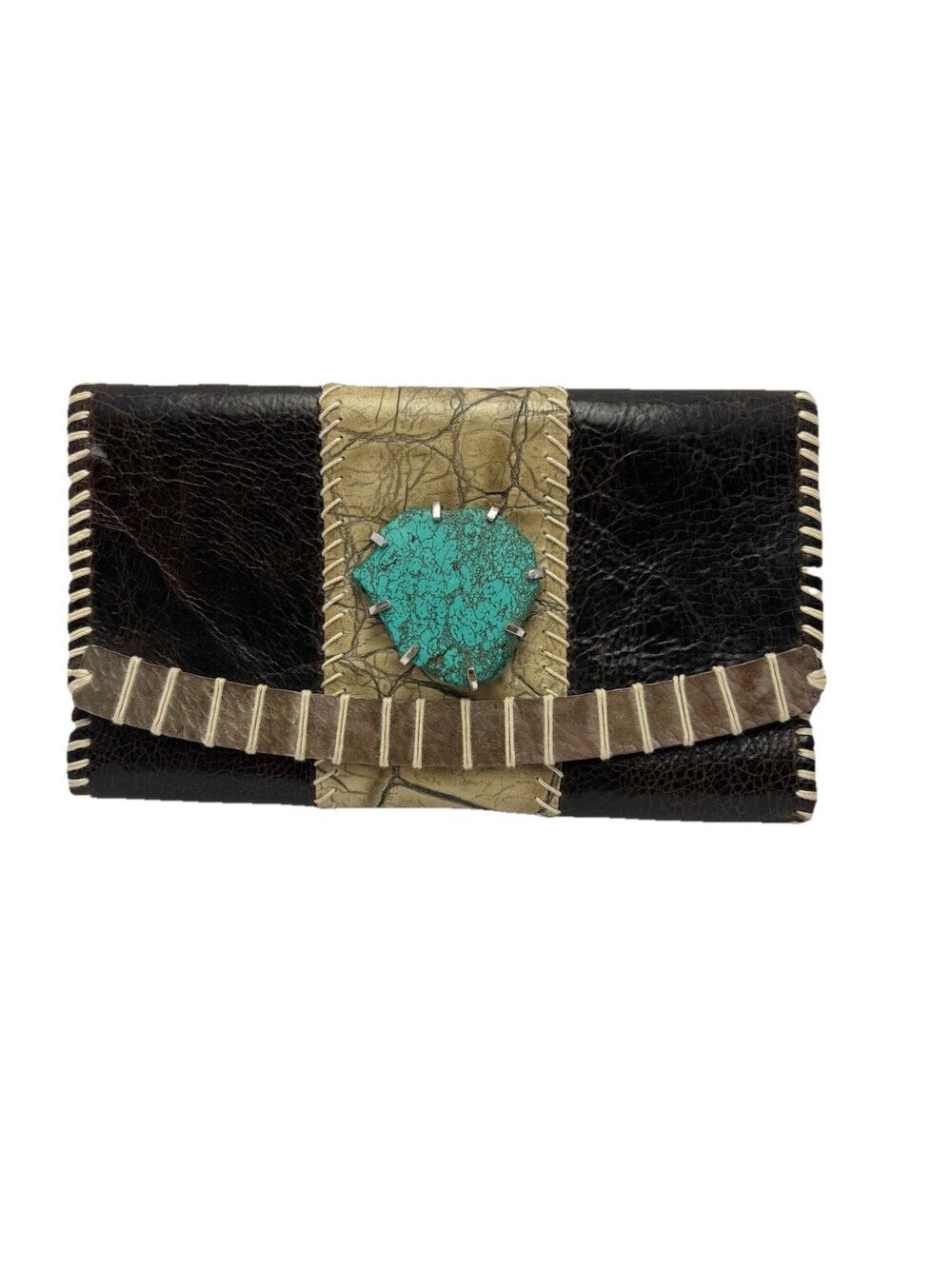 Rebecca Norman Leather Clutch Wallet Turquoise Stone Western Boho Handcrafted